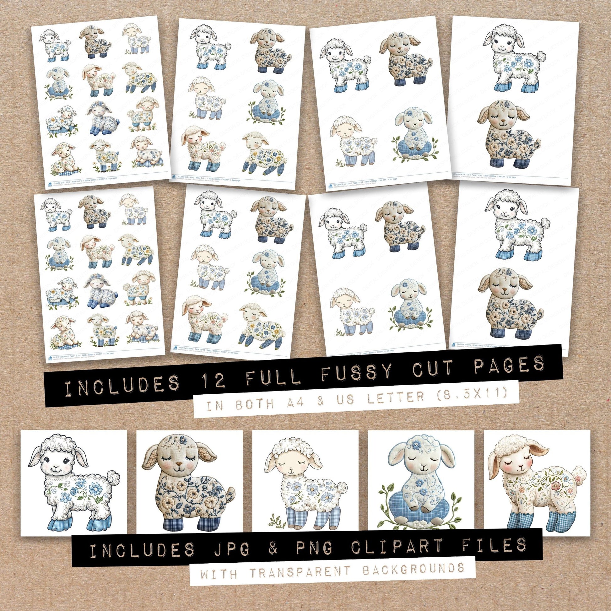 Full collection view of Fabric Embroidered Floral Lamb fussy cut sheets with bonus clipart JPG and PNG files