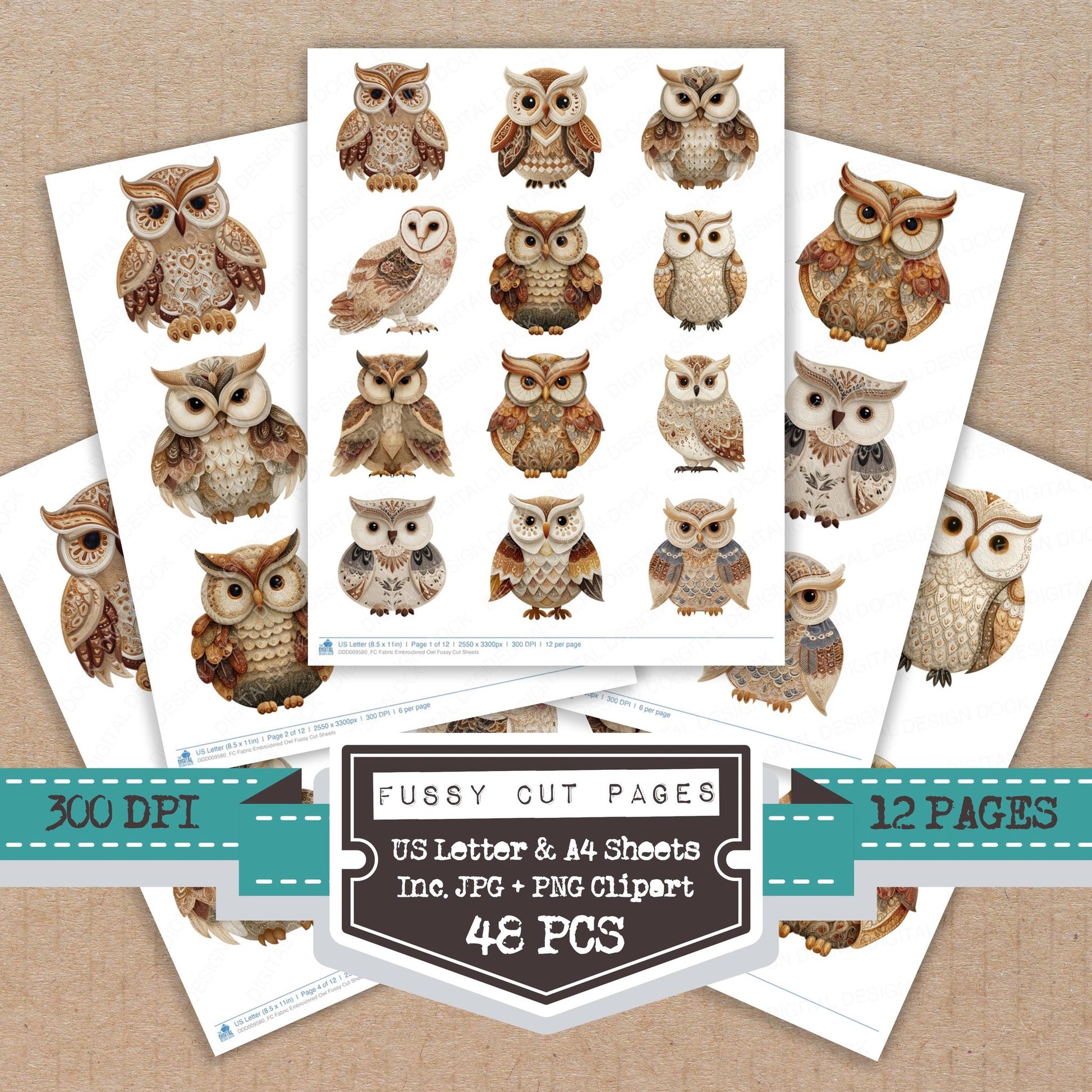 Fabric Embroidered Owl fussy cut printable sheets for junk journaling, scrapbooking, and paper craft projects