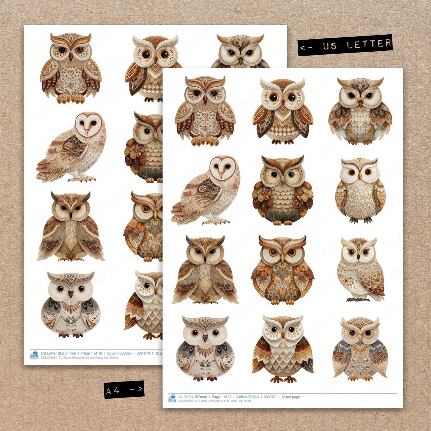 A4 and US Letter format comparison showing Fabric Embroidered Owl fussy cut pages for print and cut crafting