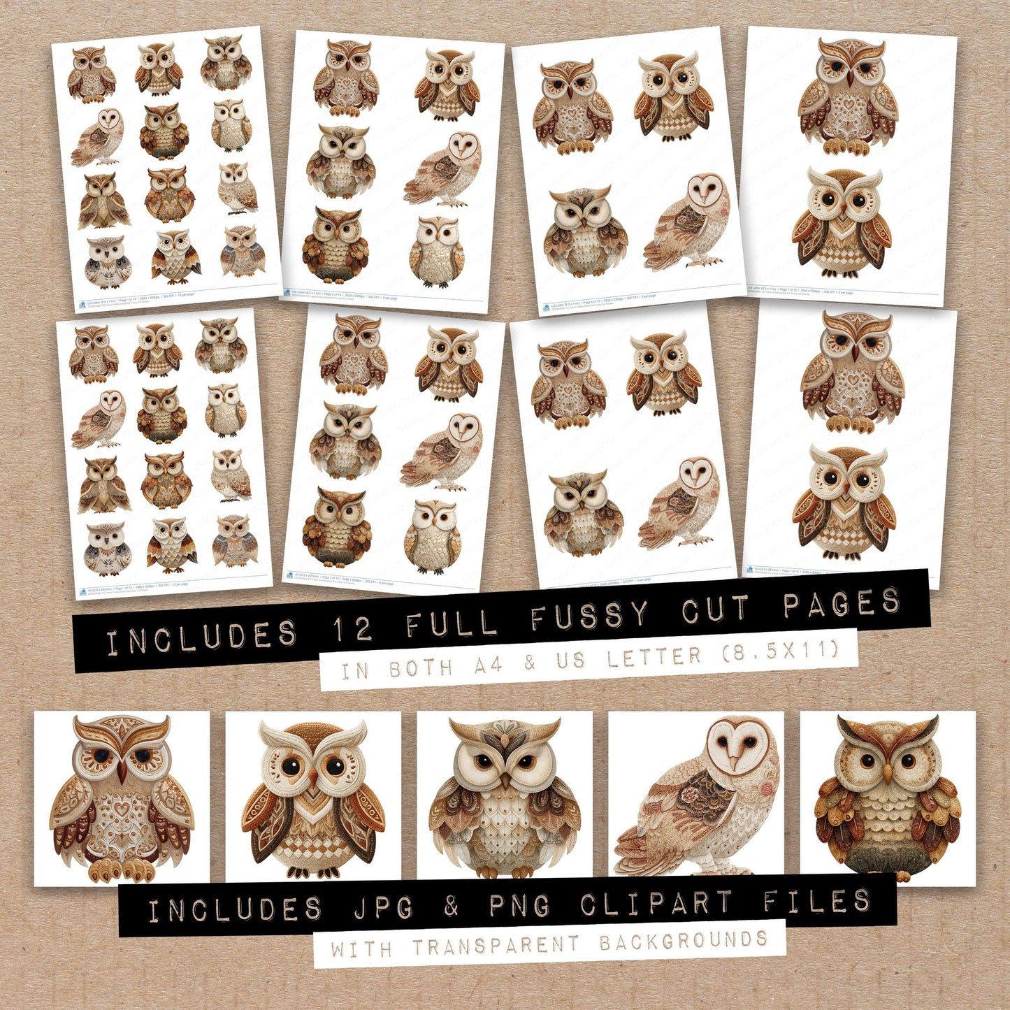 Full collection view of Fabric Embroidered Owl fussy cut sheets with bonus clipart JPG and PNG files