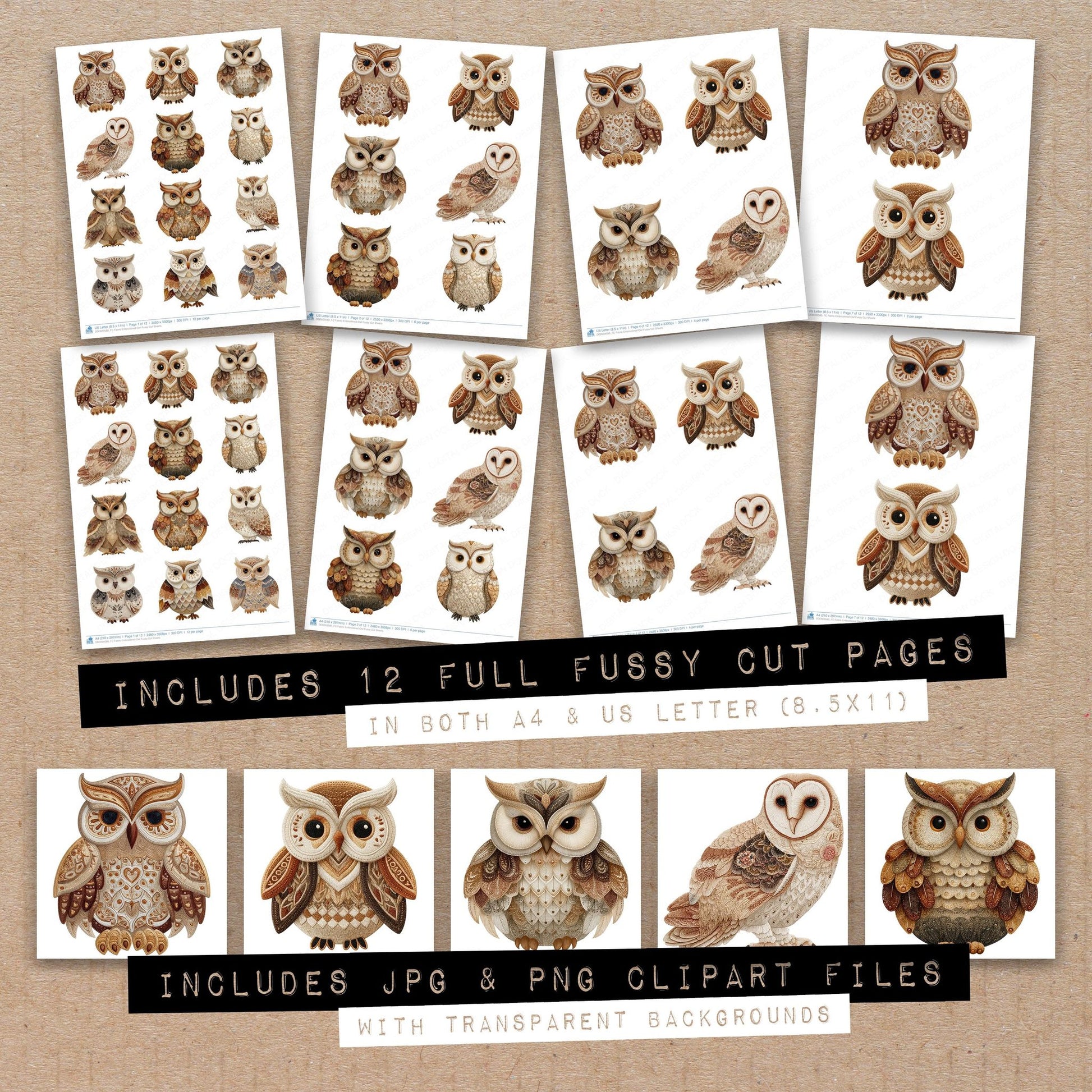 Full collection view of Fabric Embroidered Owl fussy cut sheets with bonus clipart JPG and PNG files