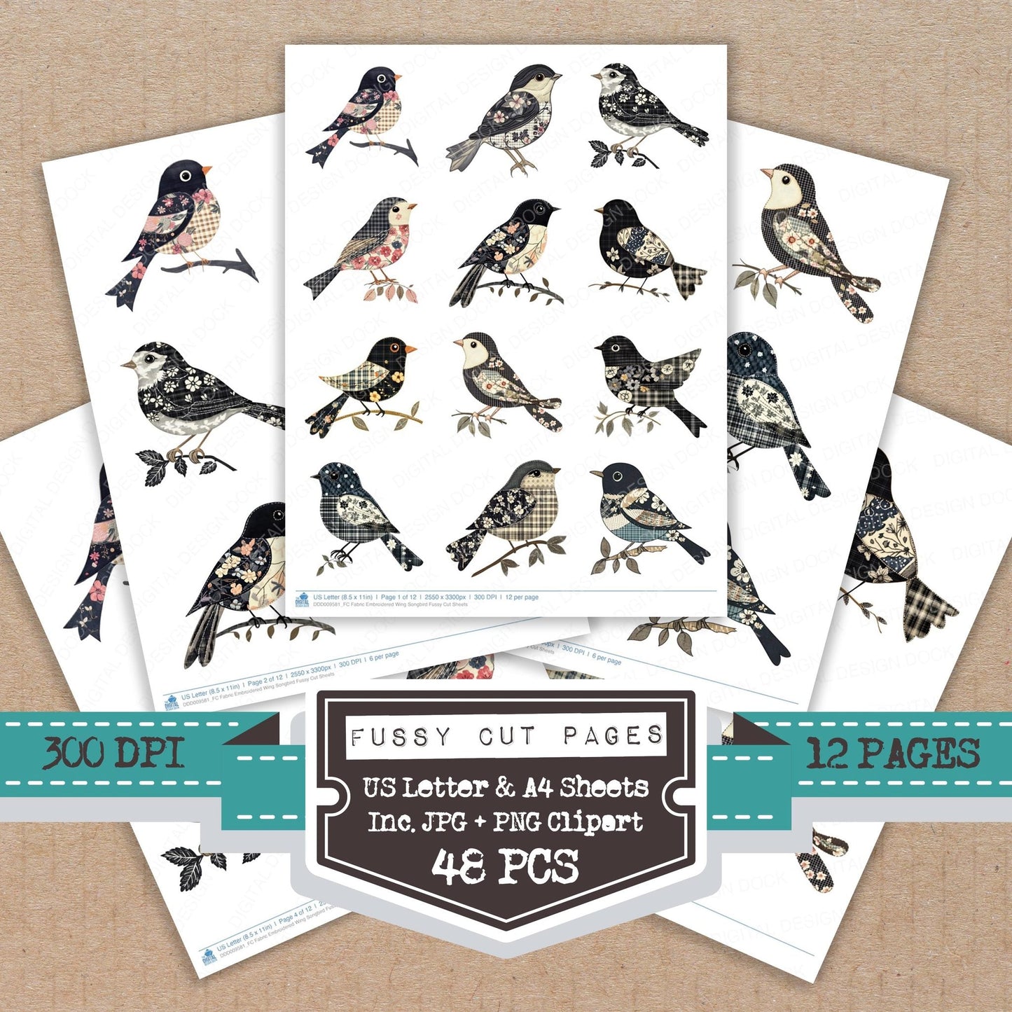 Fabric Embroidered Wing Songbird Fussy Cut Sheets (DDD009581)