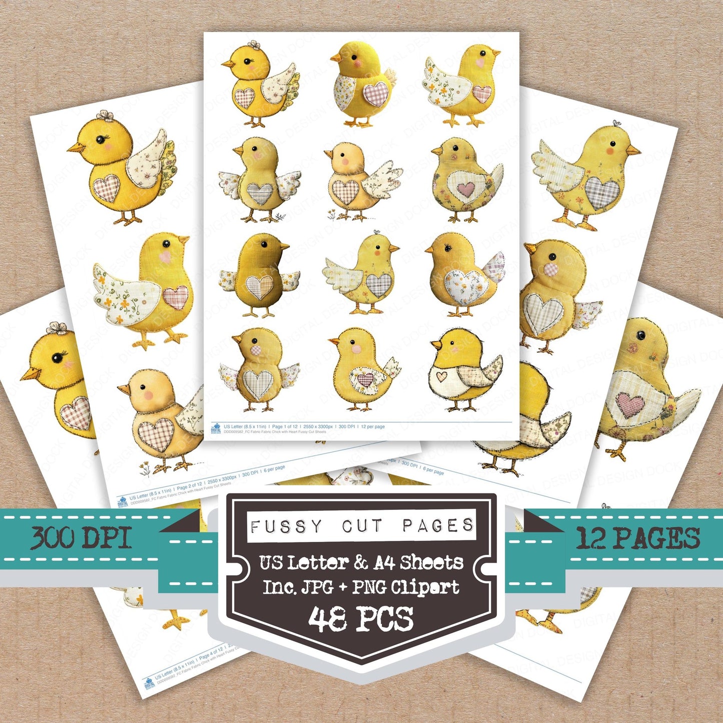 Fabric Fabric Chick with Heart fussy cut printable sheets for junk journaling, scrapbooking, and paper craft projects