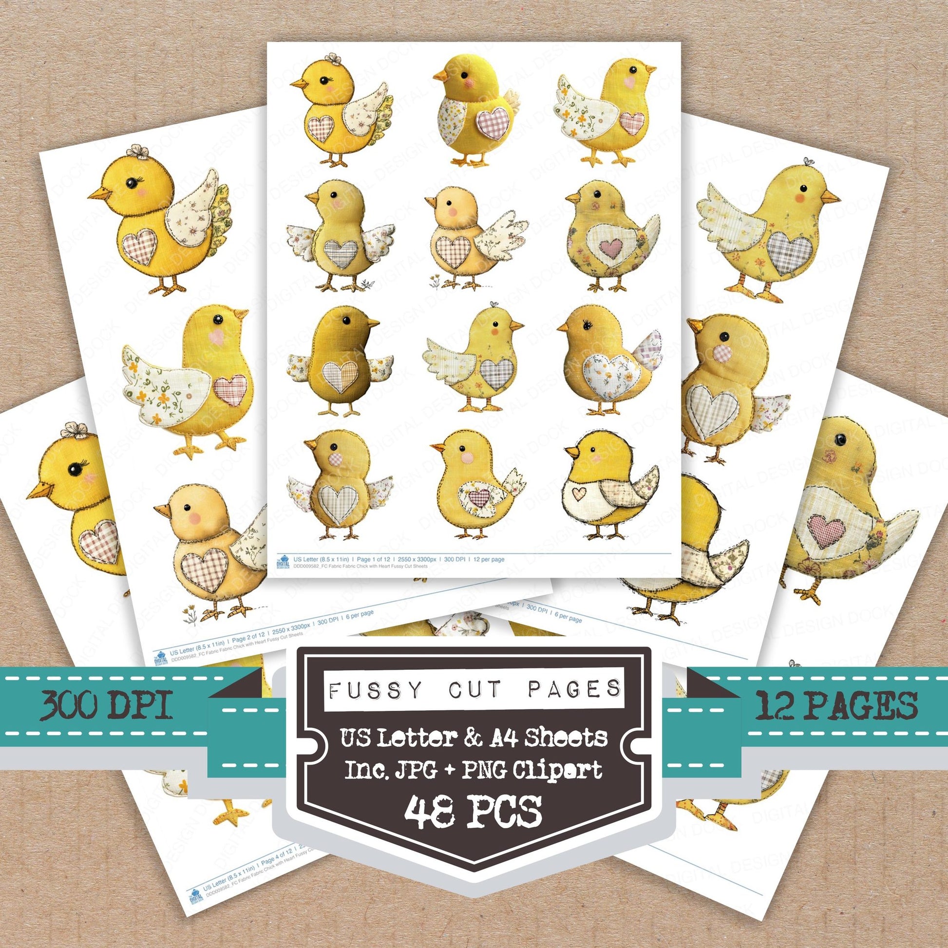 Fabric Fabric Chick with Heart fussy cut printable sheets for junk journaling, scrapbooking, and paper craft projects