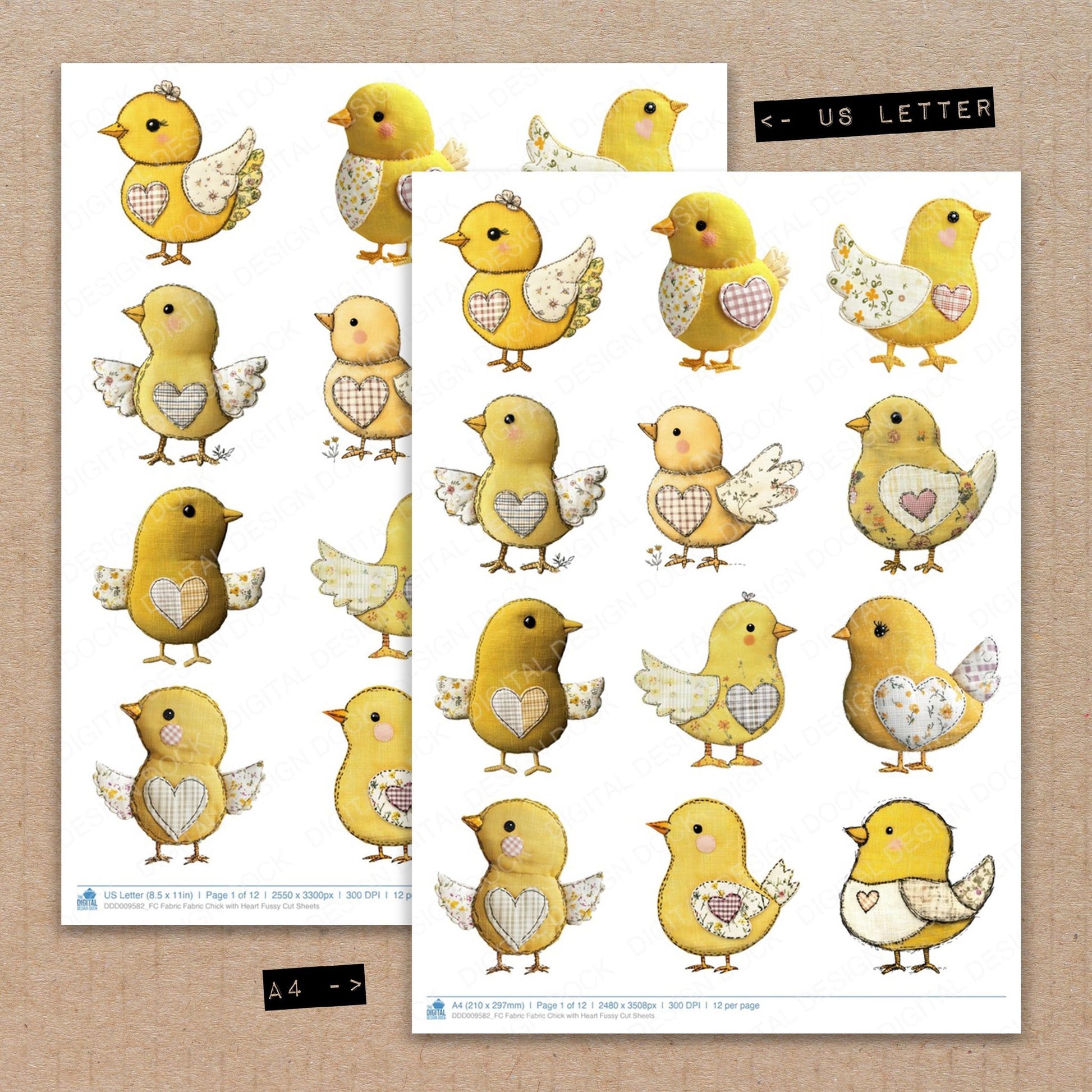 A4 and US Letter format comparison showing Fabric Fabric Chick with Heart fussy cut pages for print and cut crafting