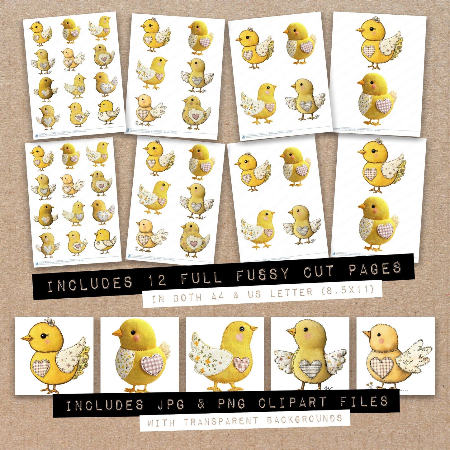 Full collection view of Fabric Fabric Chick with Heart fussy cut sheets with bonus clipart JPG and PNG files