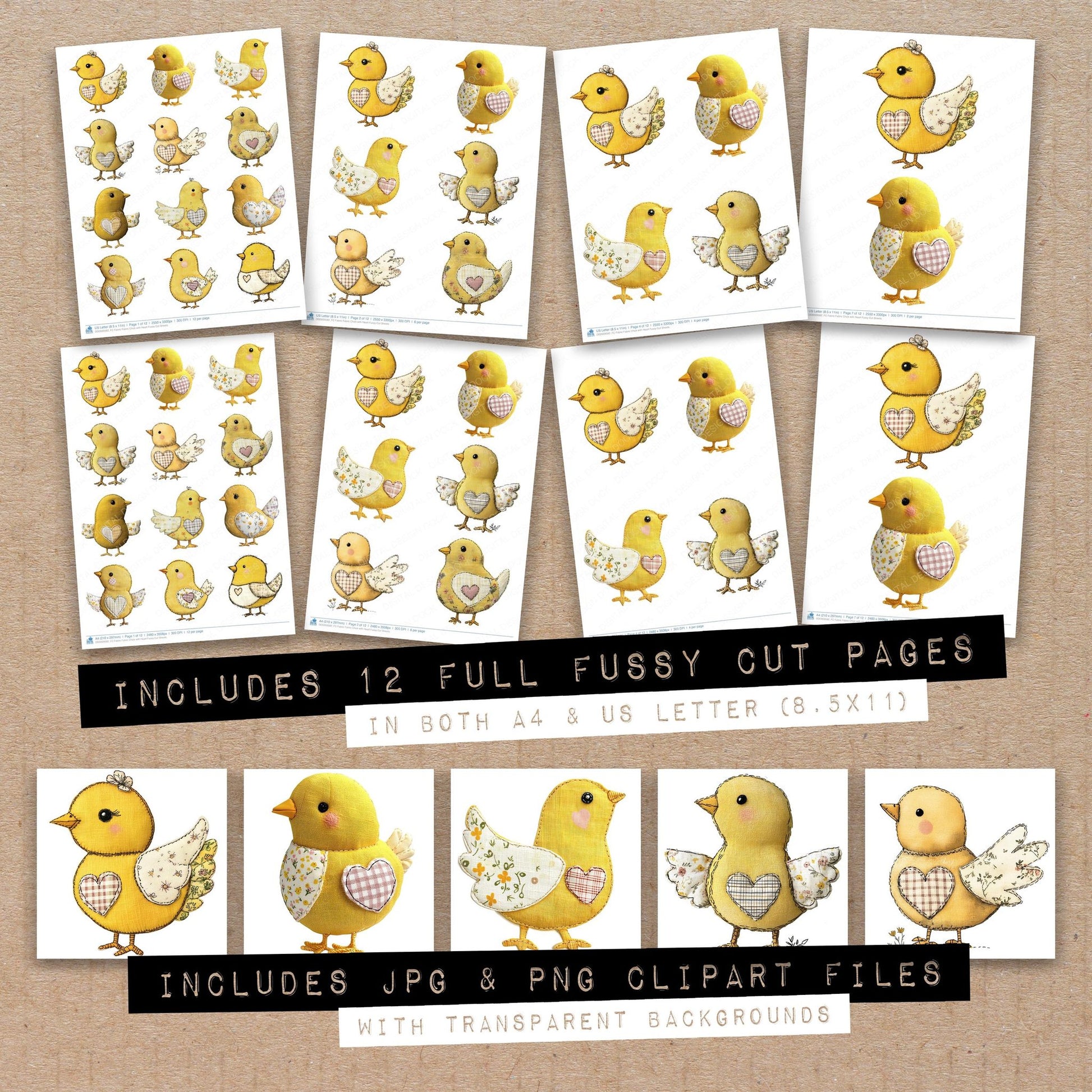 Full collection view of Fabric Fabric Chick with Heart fussy cut sheets with bonus clipart JPG and PNG files