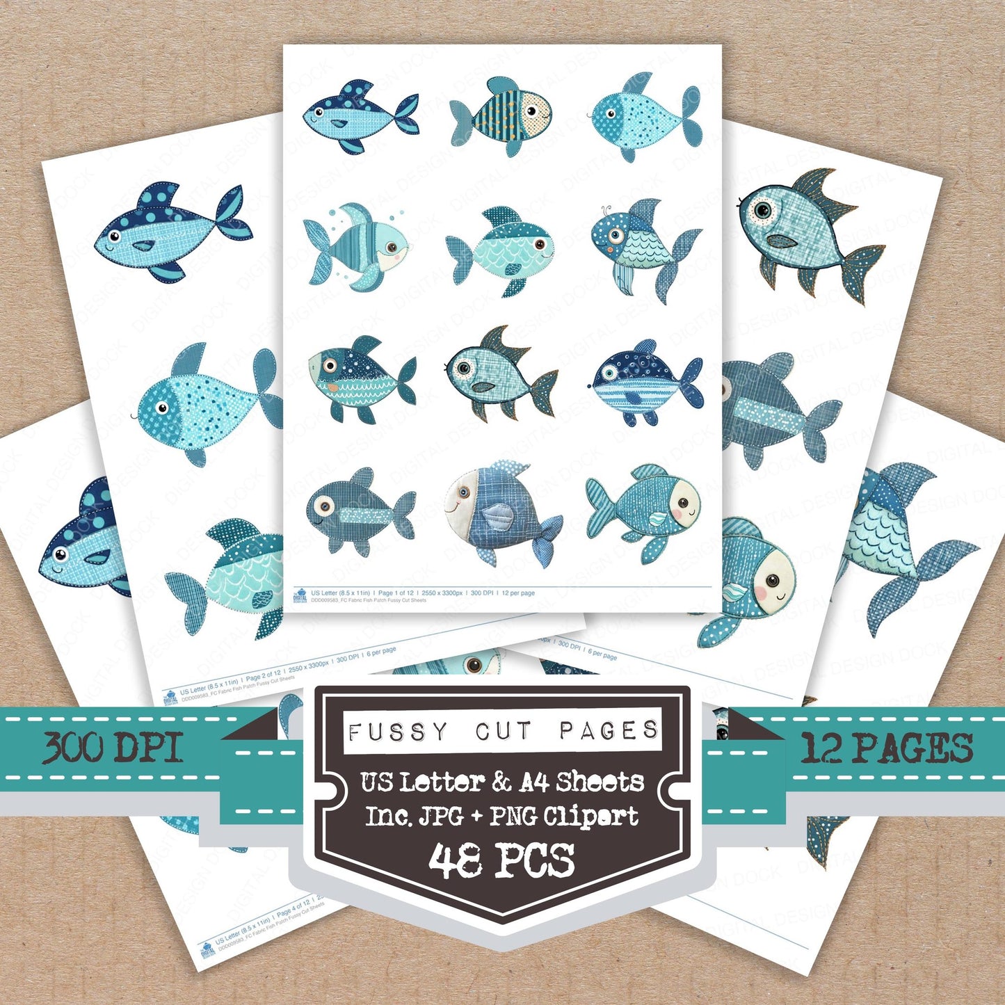Fabric Fish Patch fussy cut printable sheets for junk journaling, scrapbooking, and paper craft projects