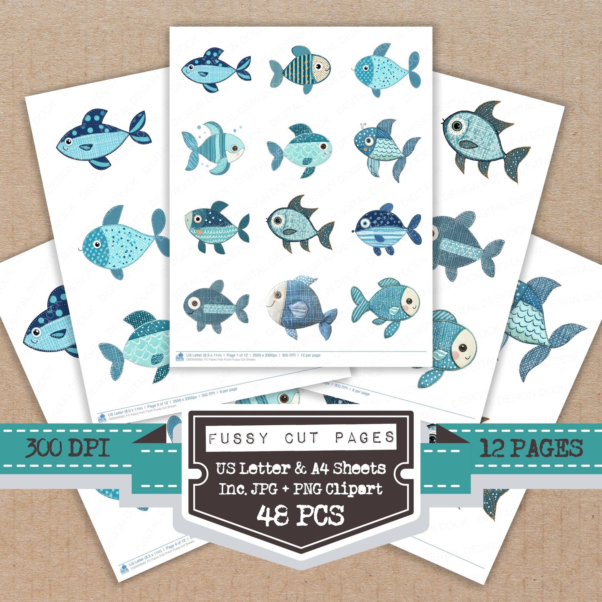 Fabric Fish Patch fussy cut printable sheets for junk journaling, scrapbooking, and paper craft projects