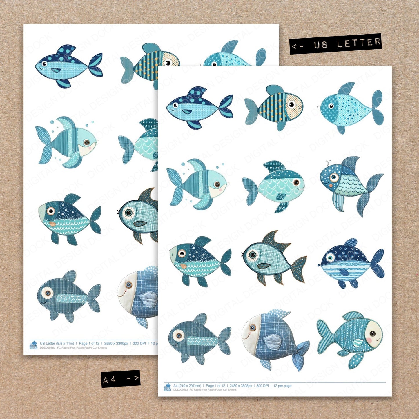A4 and US Letter format comparison showing Fabric Fish Patch fussy cut pages for print and cut crafting