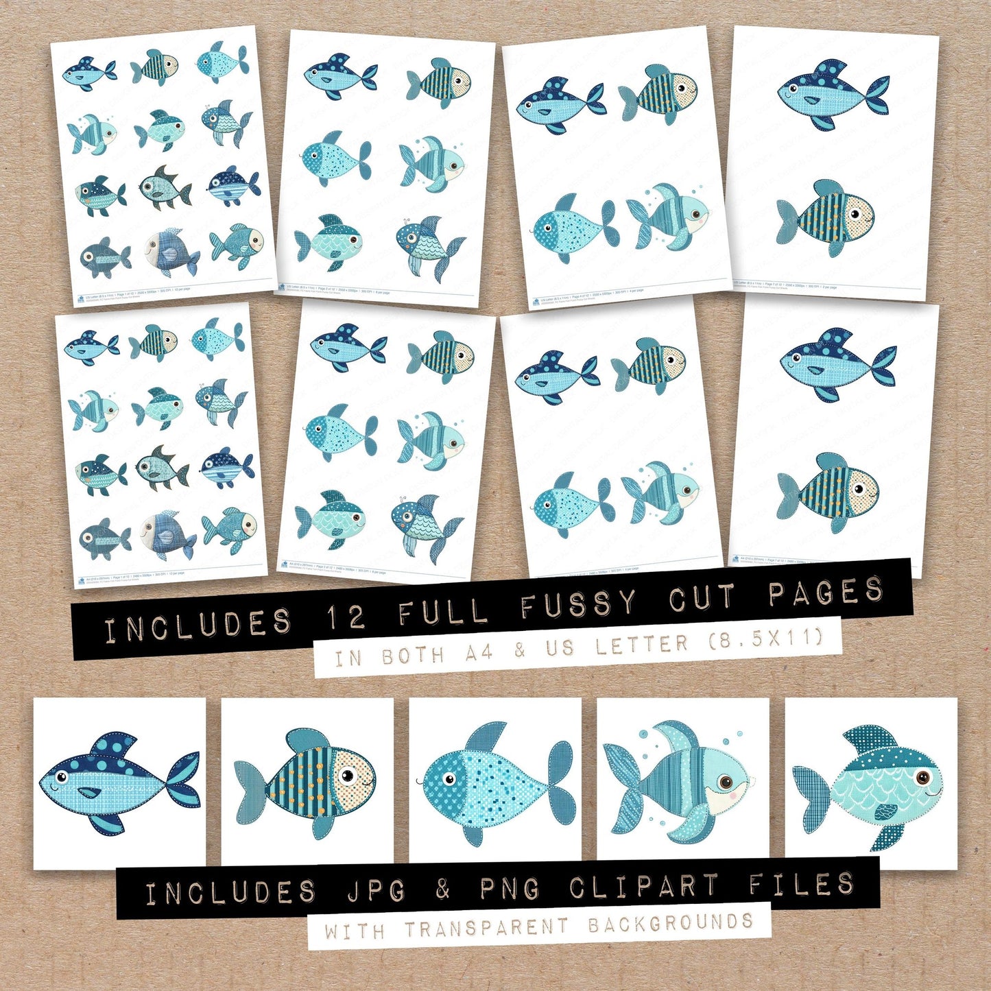 Full collection view of Fabric Fish Patch fussy cut sheets with bonus clipart JPG and PNG files