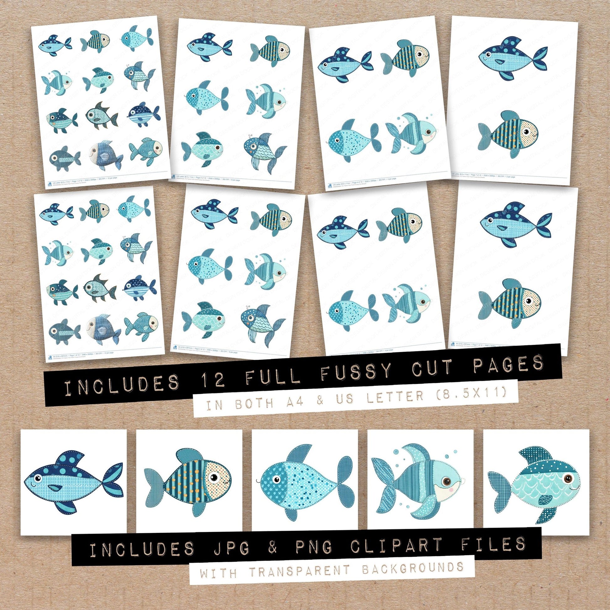 Full collection view of Fabric Fish Patch fussy cut sheets with bonus clipart JPG and PNG files