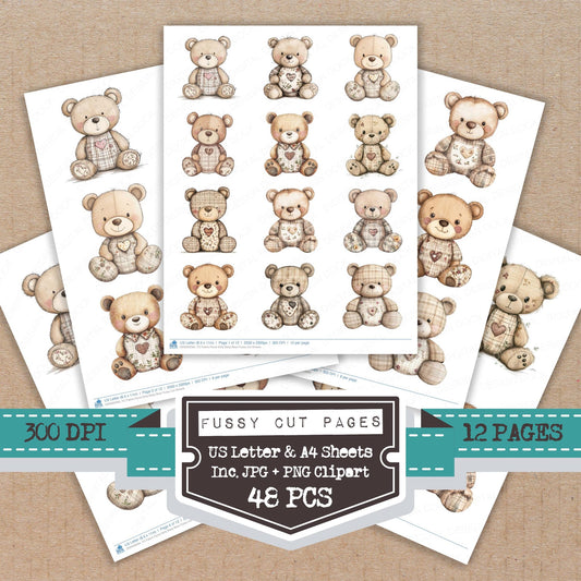 Fabric Floral Belly Baby Bear fussy cut printable sheets for junk journaling, scrapbooking, and paper craft projects