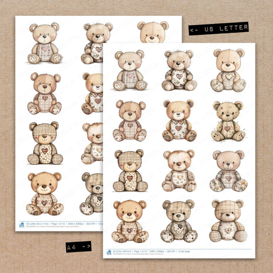 A4 and US Letter format comparison showing Fabric Floral Belly Baby Bear fussy cut pages for print and cut crafting