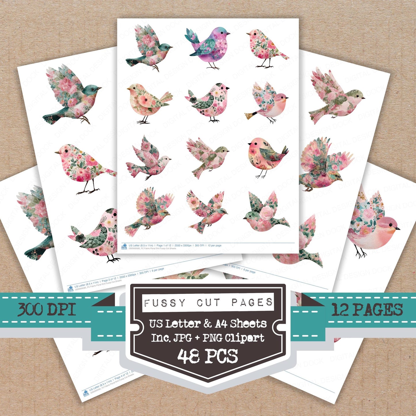 Fabric Floral Bird fussy cut printable sheets for junk journaling, scrapbooking, and paper craft projects