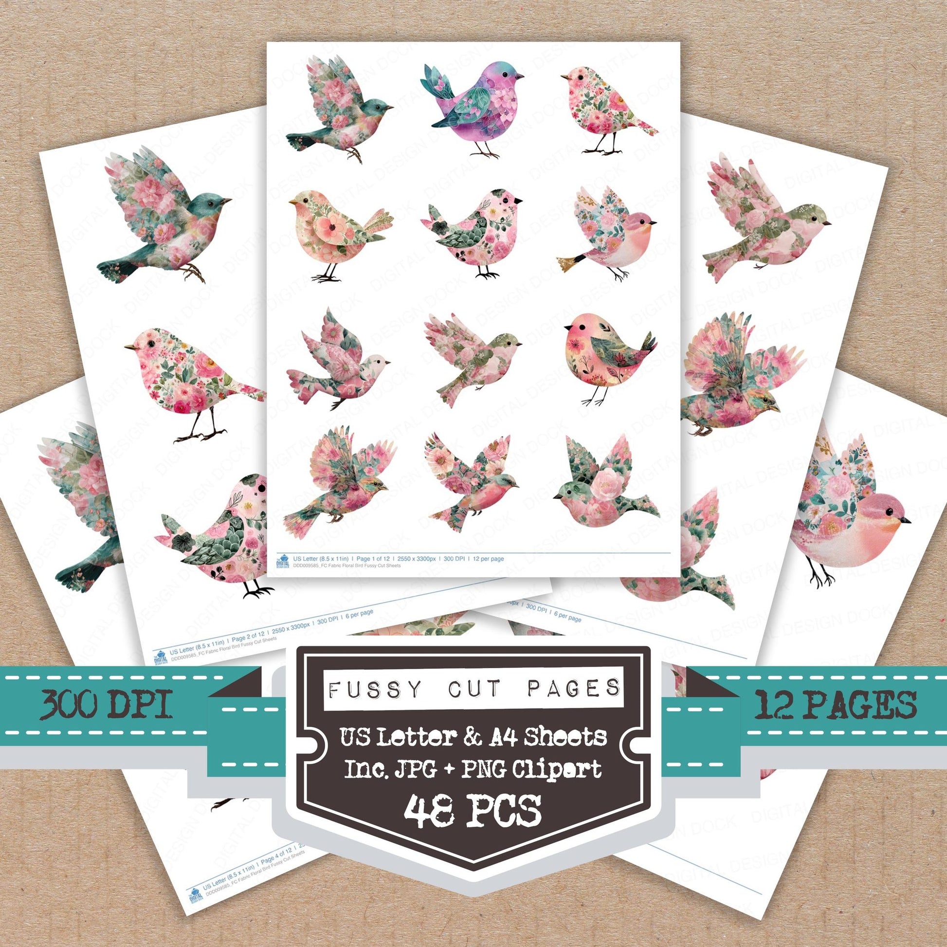 Fabric Floral Bird fussy cut printable sheets for junk journaling, scrapbooking, and paper craft projects