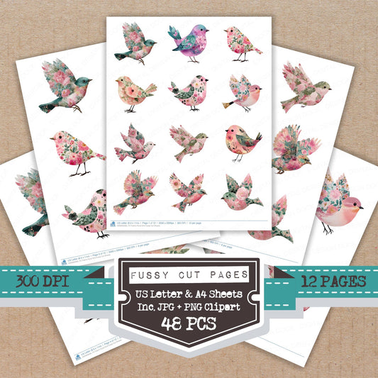 Fabric Floral Bird fussy cut printable sheets for junk journaling, scrapbooking, and paper craft projects