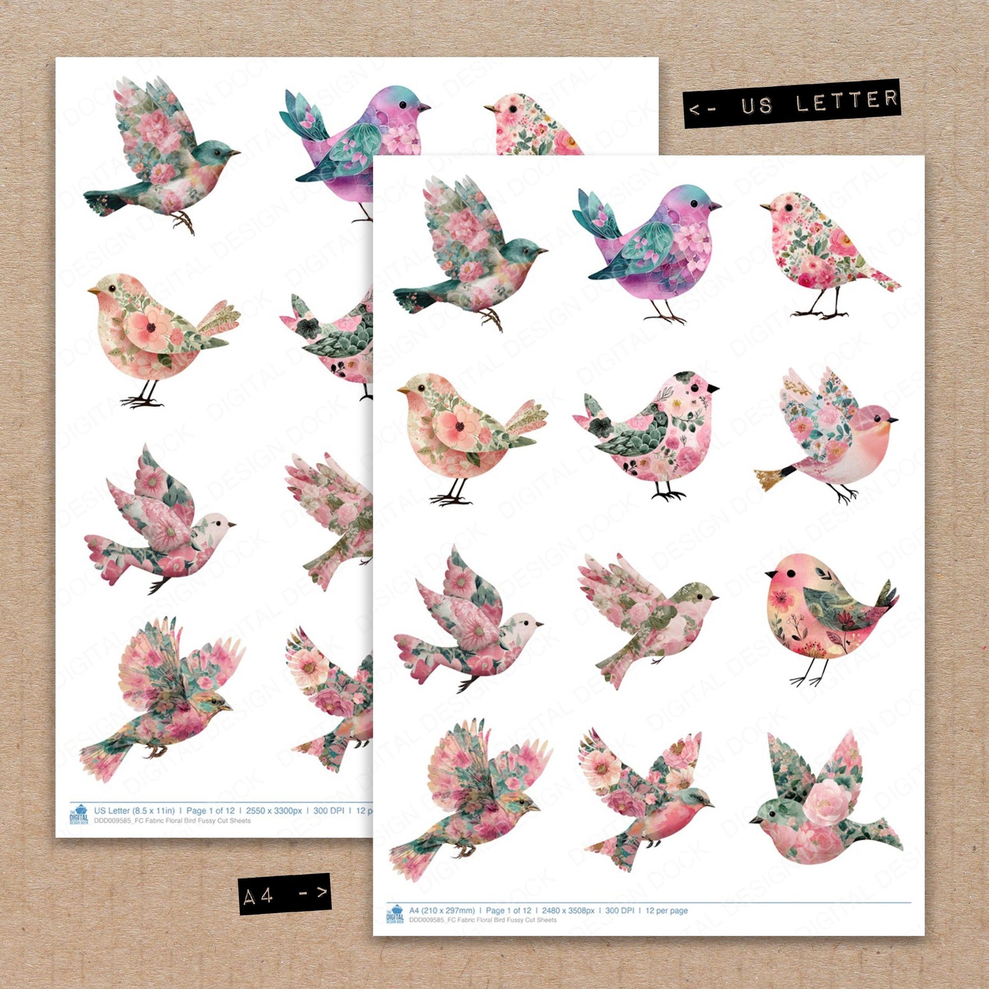 A4 and US Letter format comparison showing Fabric Floral Bird fussy cut pages for print and cut crafting