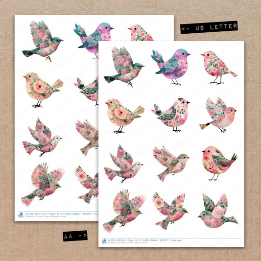 A4 and US Letter format comparison showing Fabric Floral Bird fussy cut pages for print and cut crafting
