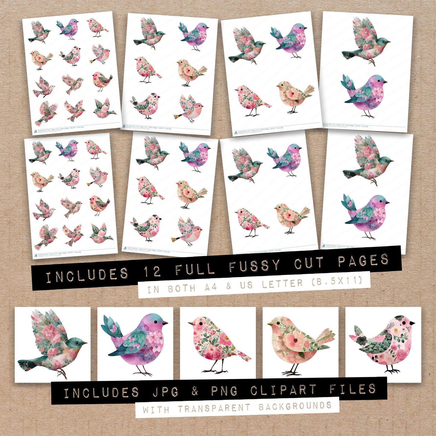 Full collection view of Fabric Floral Bird fussy cut sheets with bonus clipart JPG and PNG files