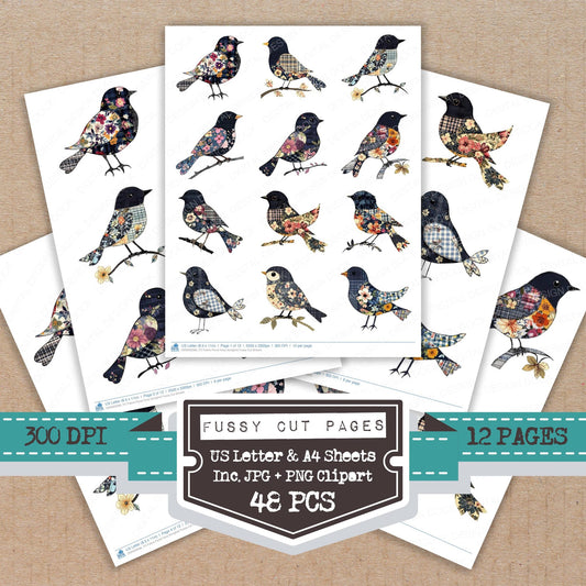 Fabric Floral Navy Songbird fussy cut printable sheets for junk journaling, scrapbooking, and paper craft projects