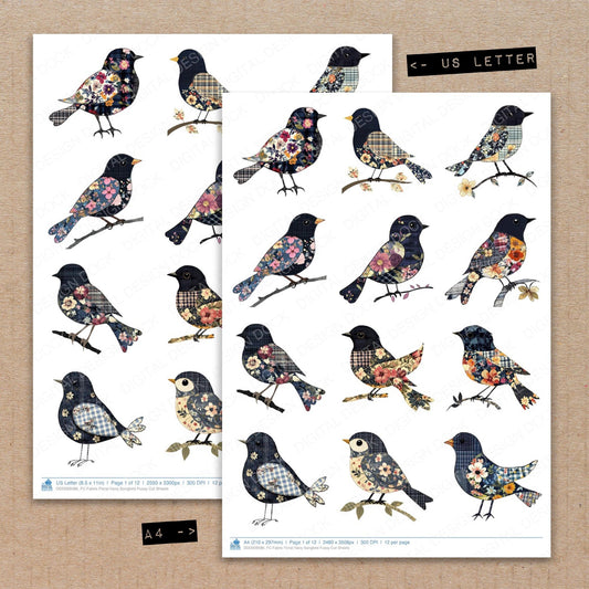 A4 and US Letter format comparison showing Fabric Floral Navy Songbird fussy cut pages for print and cut crafting