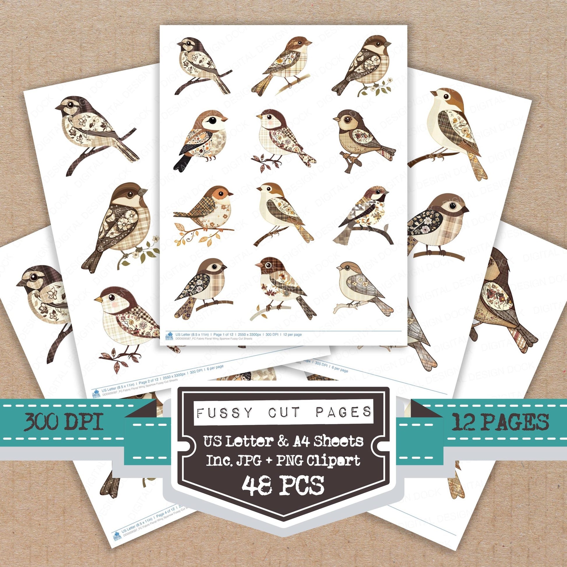 Fabric Floral Wing Sparrow fussy cut printable sheets for junk journaling, scrapbooking, and paper craft projects