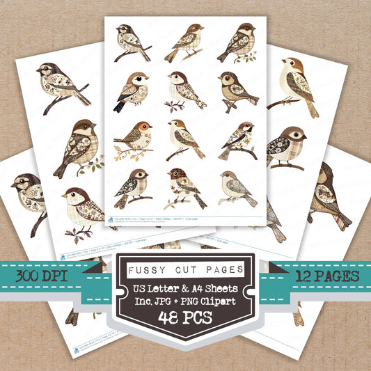 Fabric Floral Wing Sparrow fussy cut printable sheets for junk journaling, scrapbooking, and paper craft projects
