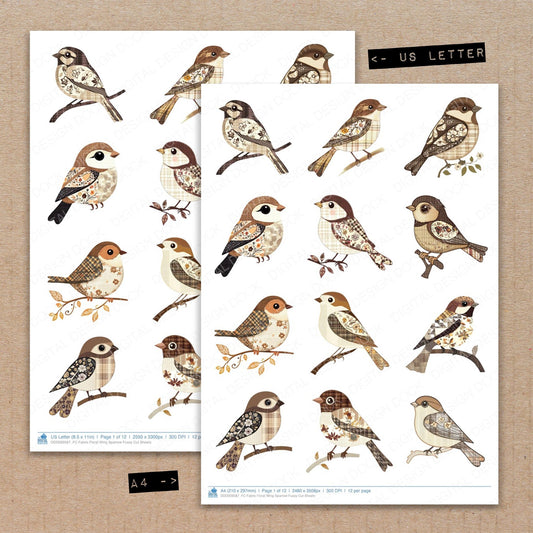 A4 and US Letter format comparison showing Fabric Floral Wing Sparrow fussy cut pages for print and cut crafting