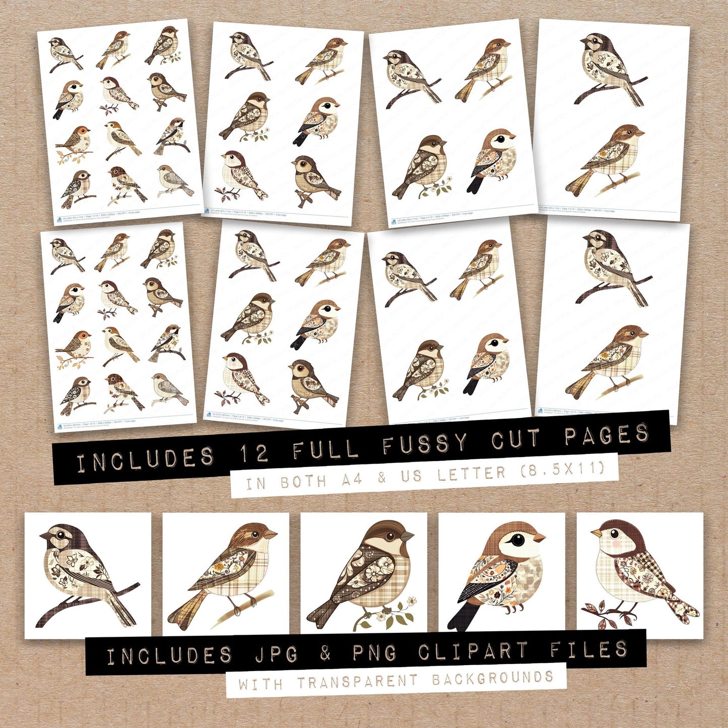 Full collection view of Fabric Floral Wing Sparrow fussy cut sheets with bonus clipart JPG and PNG files