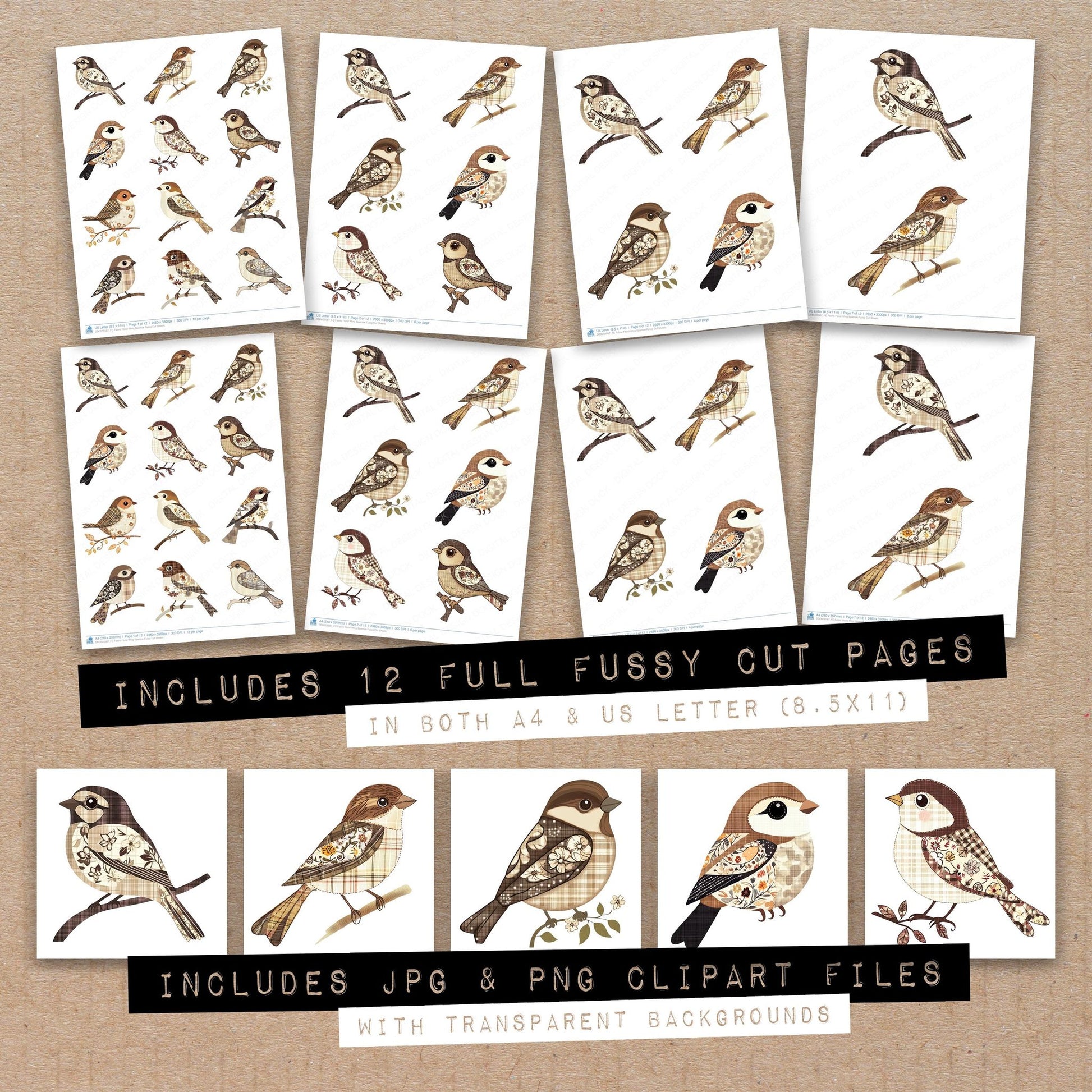 Full collection view of Fabric Floral Wing Sparrow fussy cut sheets with bonus clipart JPG and PNG files