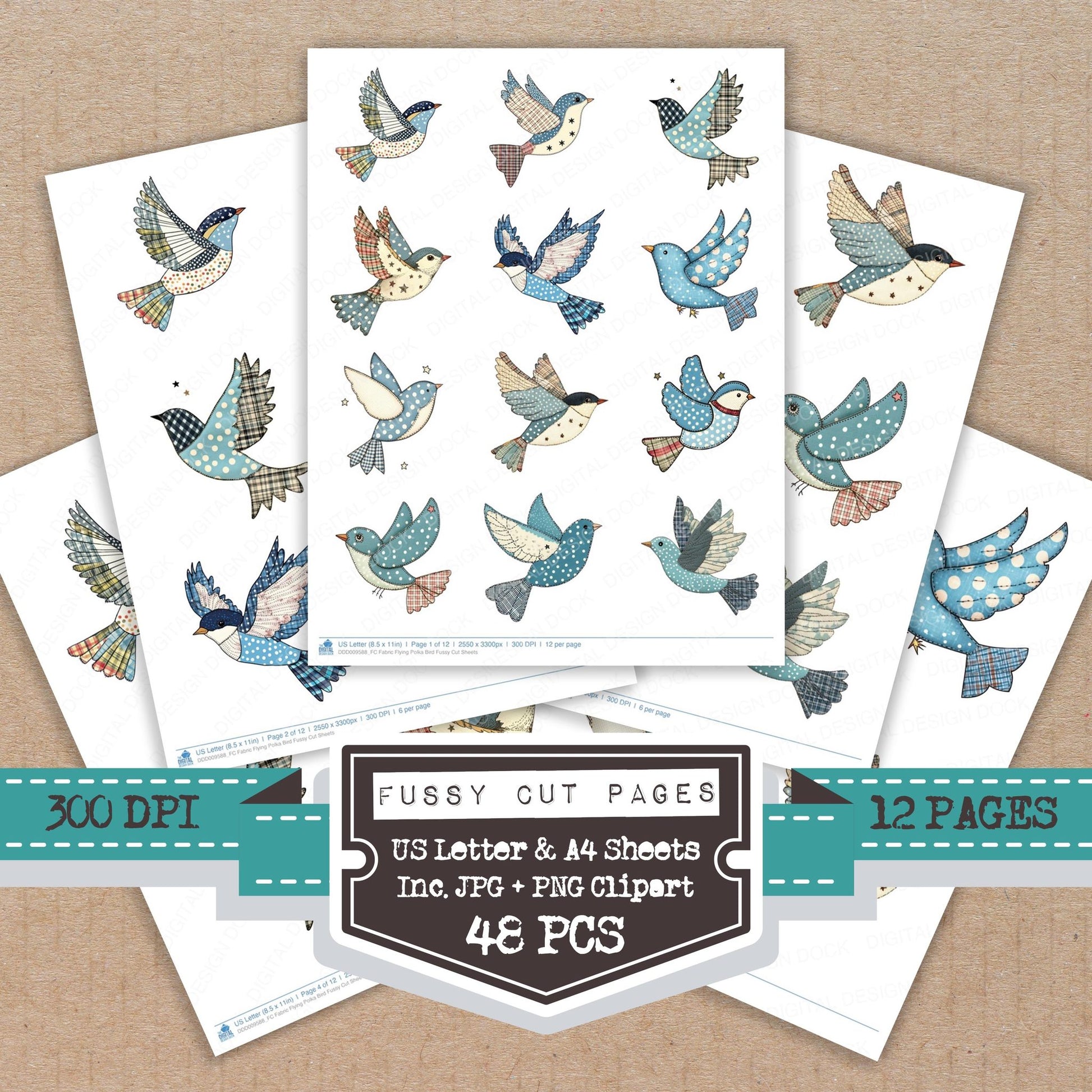 Fabric Flying Polka Bird fussy cut printable sheets for junk journaling, scrapbooking, and paper craft projects
