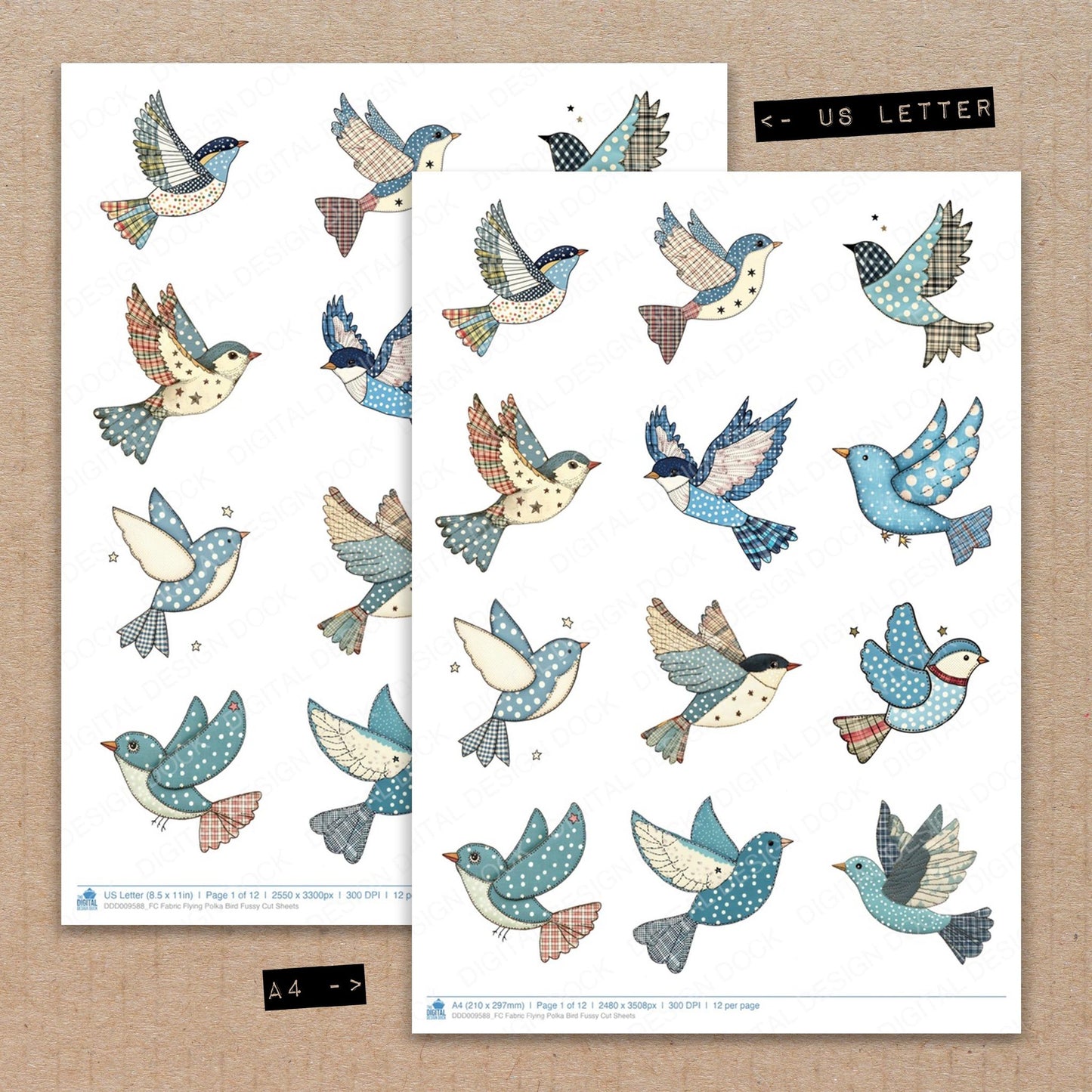 A4 and US Letter format comparison showing Fabric Flying Polka Bird fussy cut pages for print and cut crafting