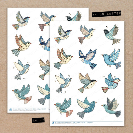 A4 and US Letter format comparison showing Fabric Flying Polka Bird fussy cut pages for print and cut crafting