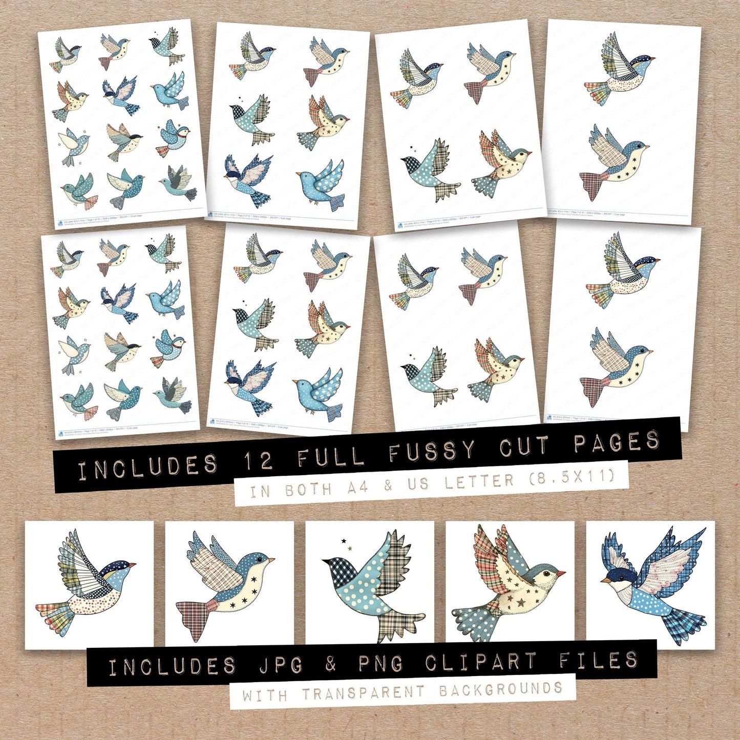Full collection view of Fabric Flying Polka Bird fussy cut sheets with bonus clipart JPG and PNG files