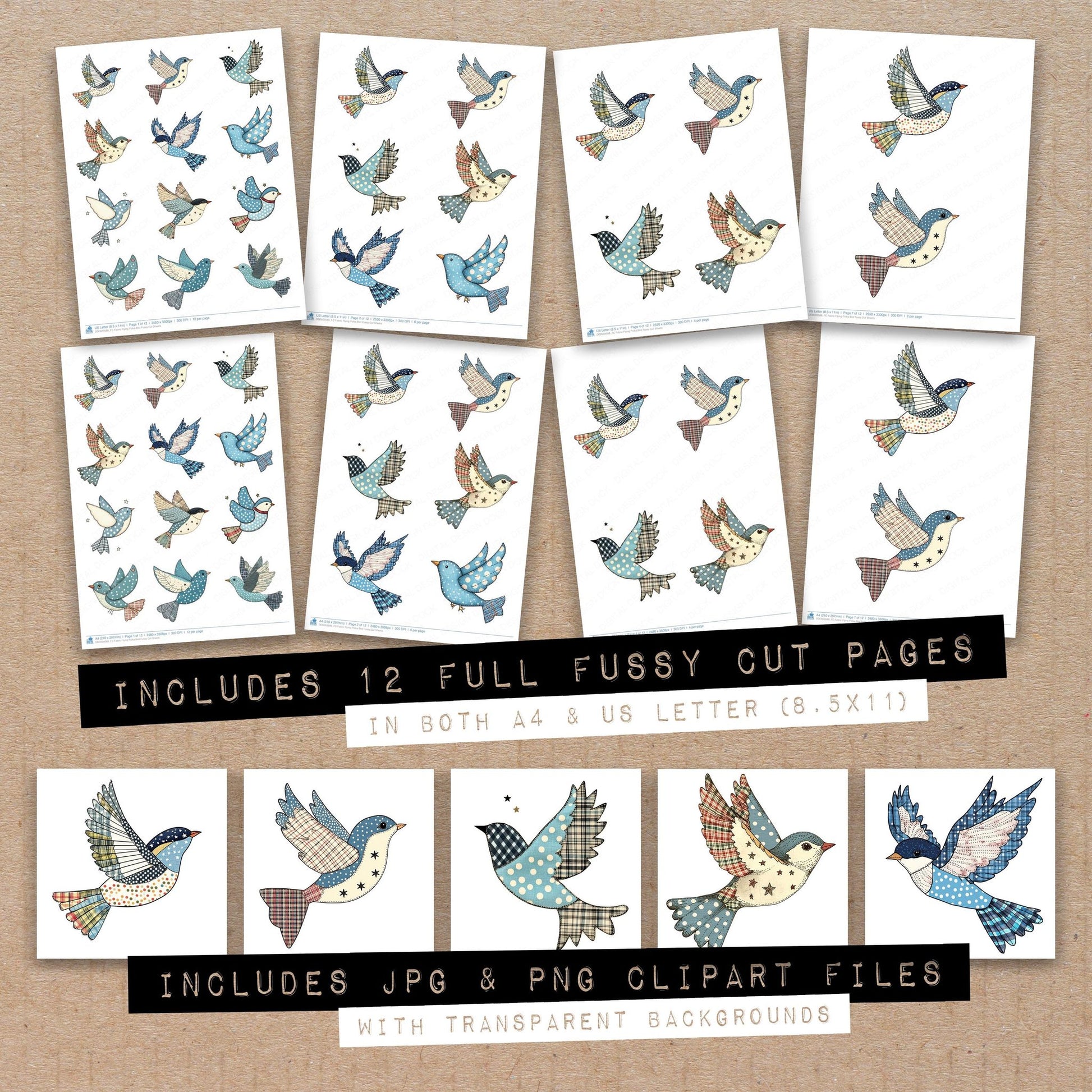 Full collection view of Fabric Flying Polka Bird fussy cut sheets with bonus clipart JPG and PNG files