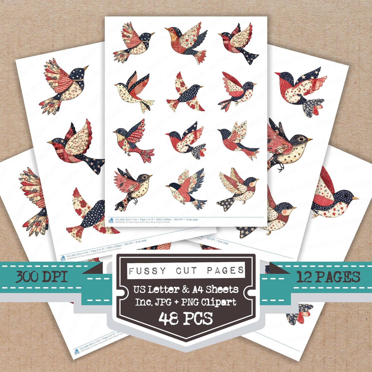 Fabric Flying Robin Fabric Wings fussy cut printable sheets for junk journaling, scrapbooking, and paper craft projects