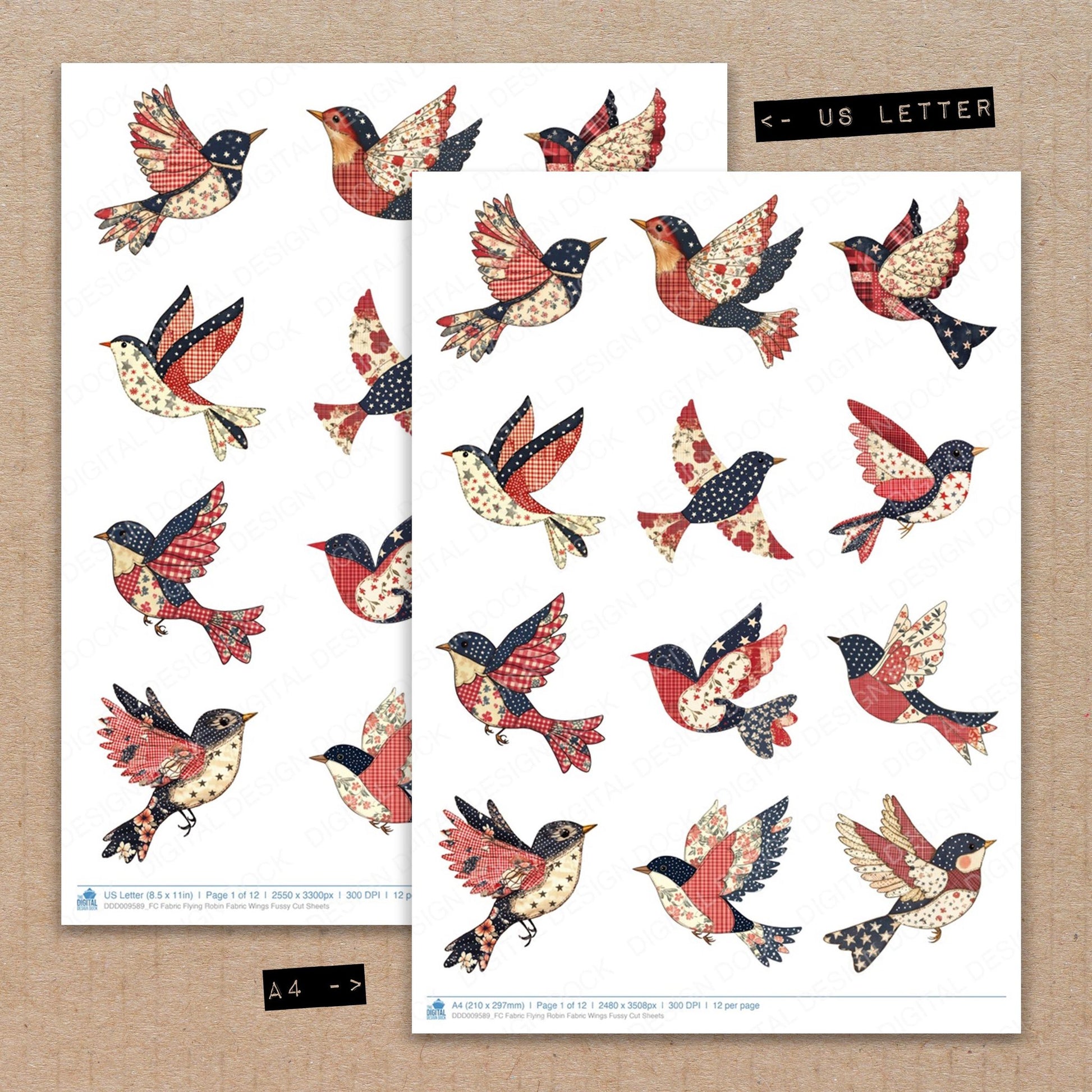 A4 and US Letter format comparison showing Fabric Flying Robin Fabric Wings fussy cut pages for print and cut crafting