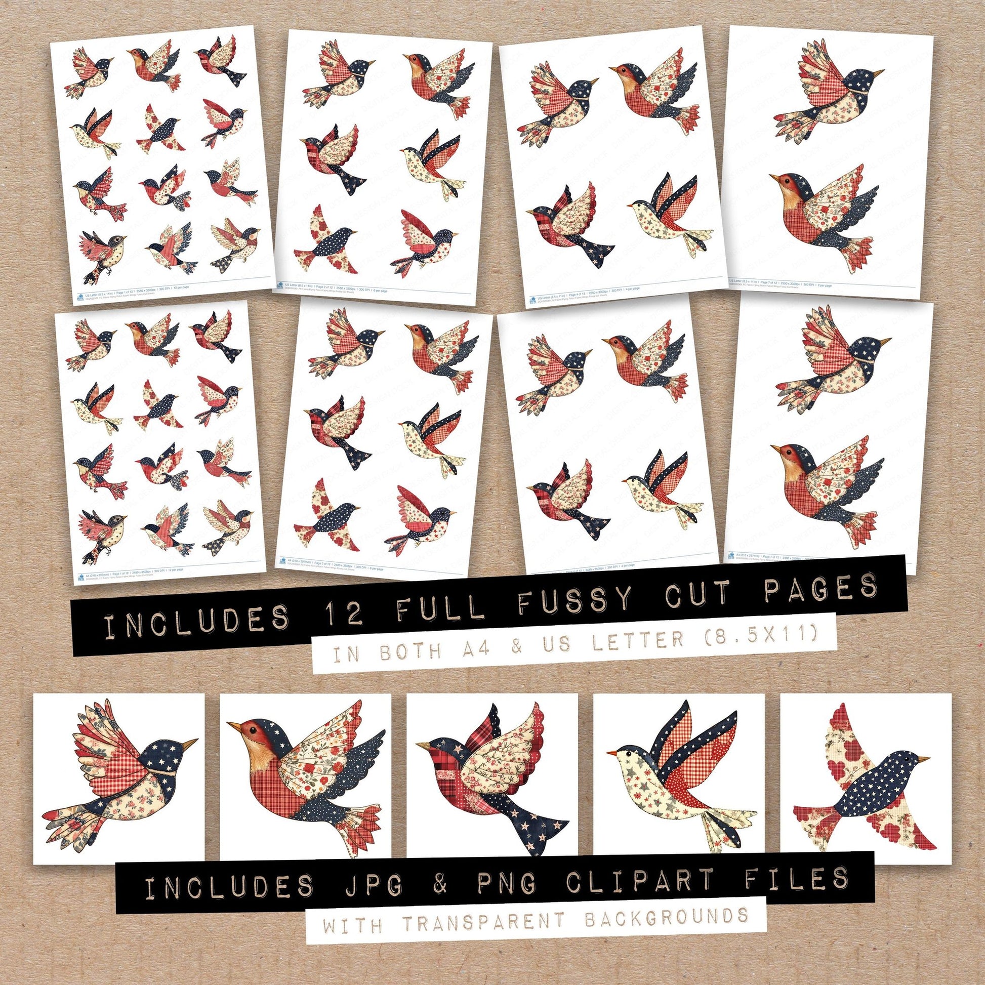 Full collection view of Fabric Flying Robin Fabric Wings fussy cut sheets with bonus clipart JPG and PNG files