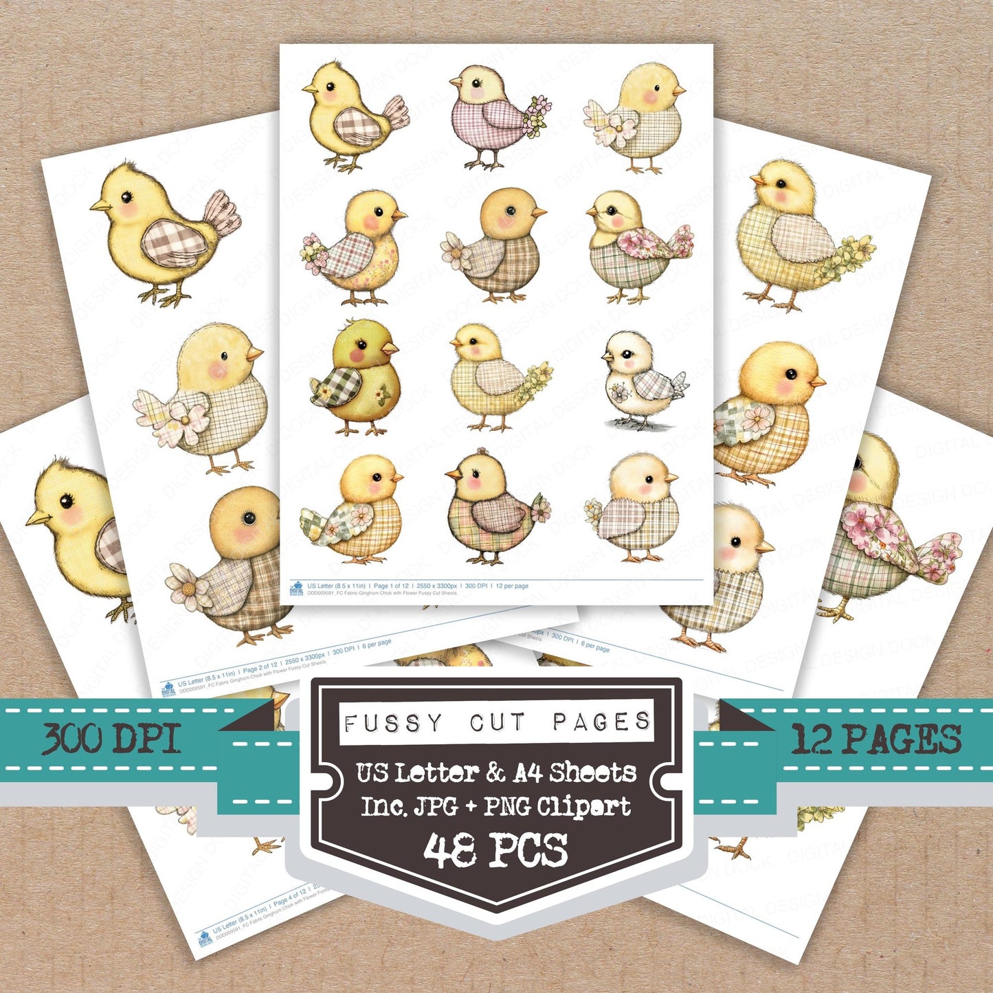 Fabric Gingham Chick with Flower fussy cut printable sheets for junk journaling, scrapbooking, and paper craft projects