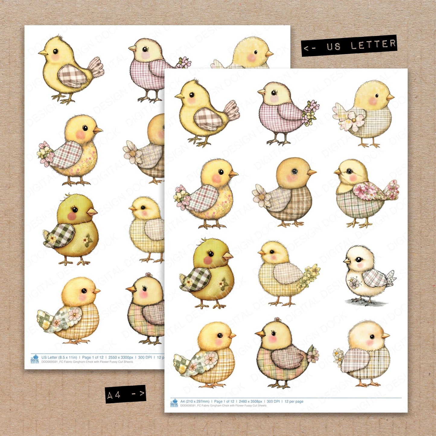 A4 and US Letter format comparison showing Fabric Gingham Chick with Flower fussy cut pages for print and cut crafting