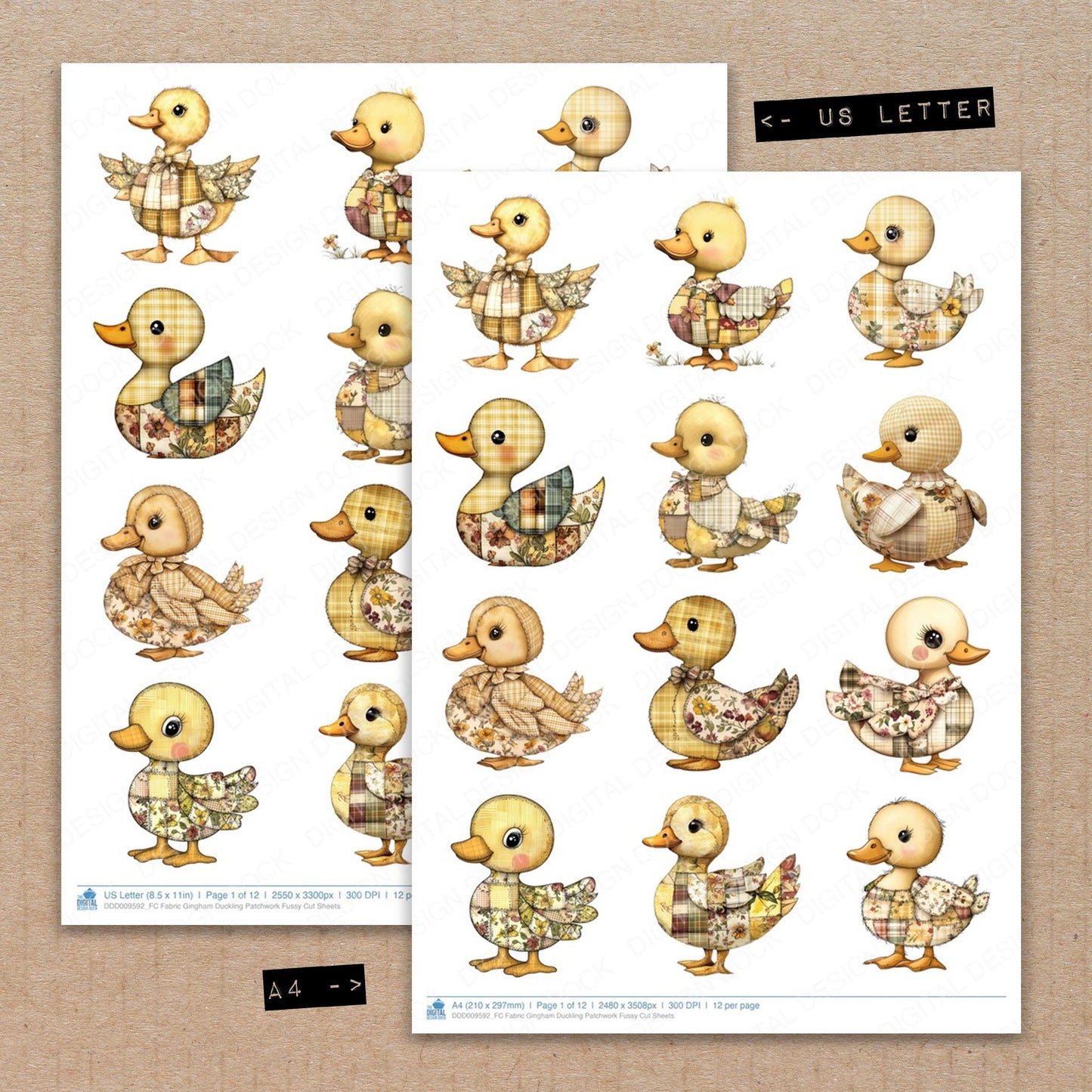 A4 and US Letter format comparison showing Fabric Gingham Duckling Patchwork fussy cut pages for print and cut crafting