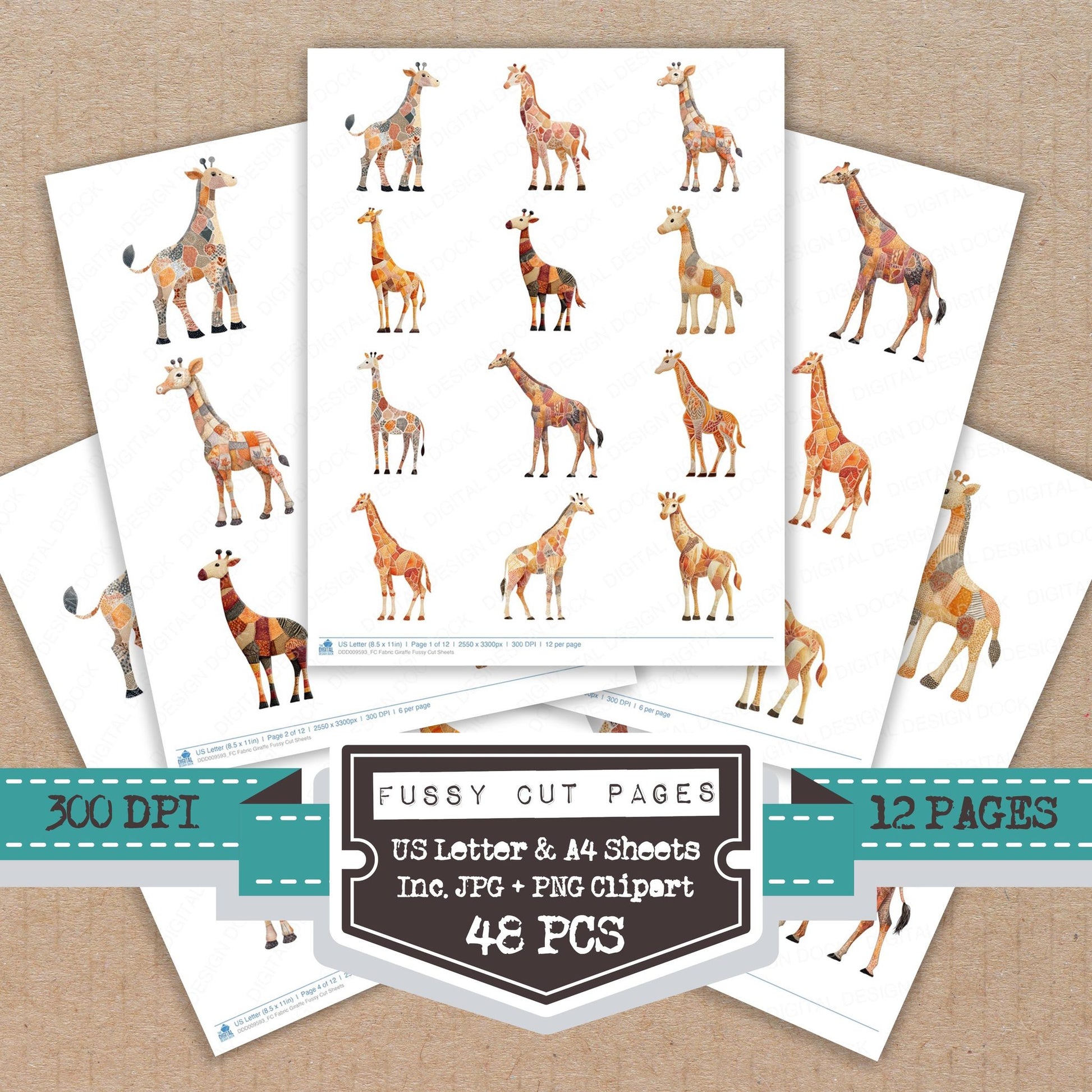 Fabric Giraffe fussy cut printable sheets for junk journaling, scrapbooking, and paper craft projects