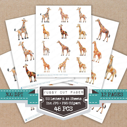 Fabric Giraffe fussy cut printable sheets for junk journaling, scrapbooking, and paper craft projects