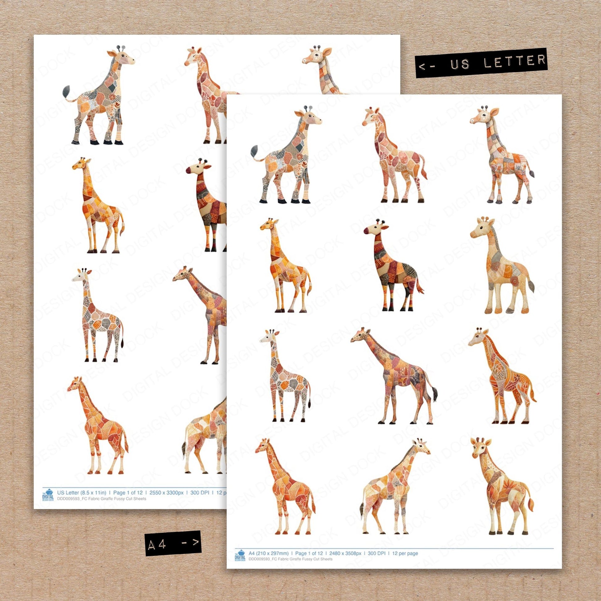A4 and US Letter format comparison showing Fabric Giraffe fussy cut pages for print and cut crafting
