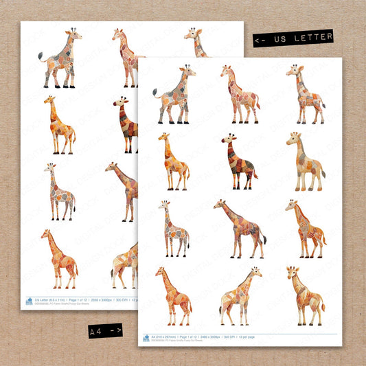 A4 and US Letter format comparison showing Fabric Giraffe fussy cut pages for print and cut crafting