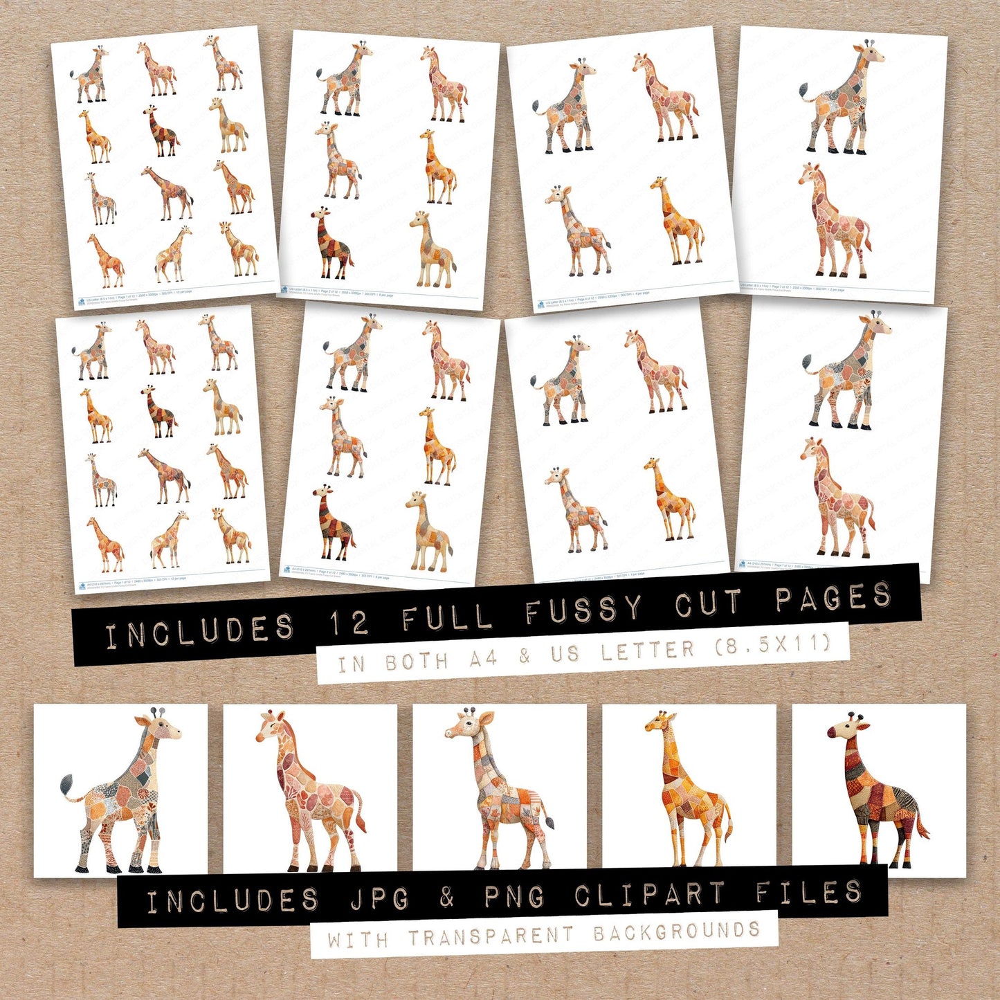 Full collection view of Fabric Giraffe fussy cut sheets with bonus clipart JPG and PNG files