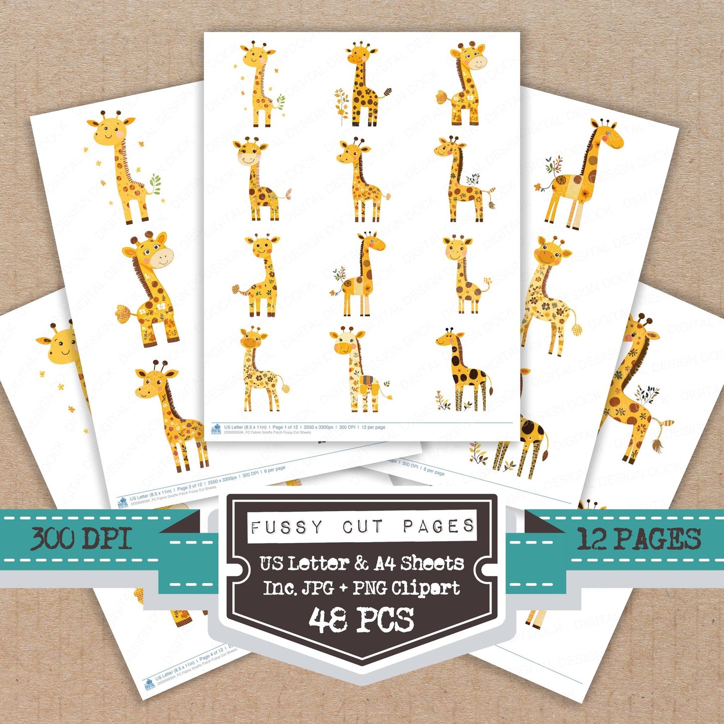 Fabric Giraffe Patch fussy cut printable sheets for junk journaling, scrapbooking, and paper craft projects