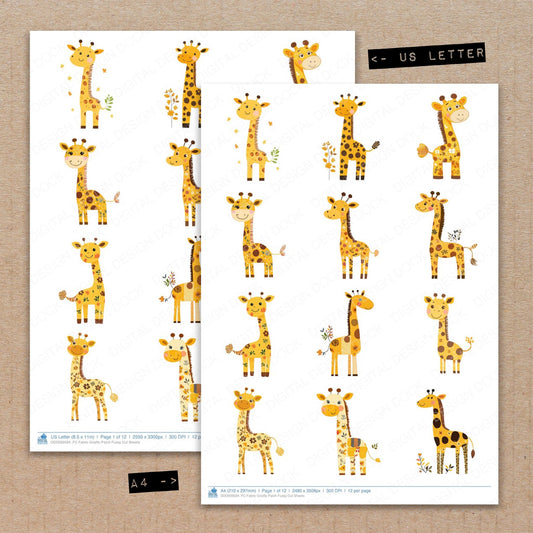 A4 and US Letter format comparison showing Fabric Giraffe Patch fussy cut pages for print and cut crafting