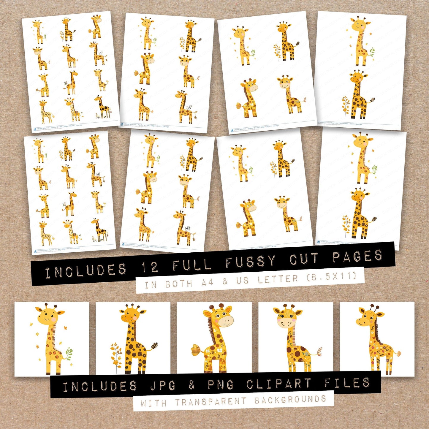 Full collection view of Fabric Giraffe Patch fussy cut sheets with bonus clipart JPG and PNG files